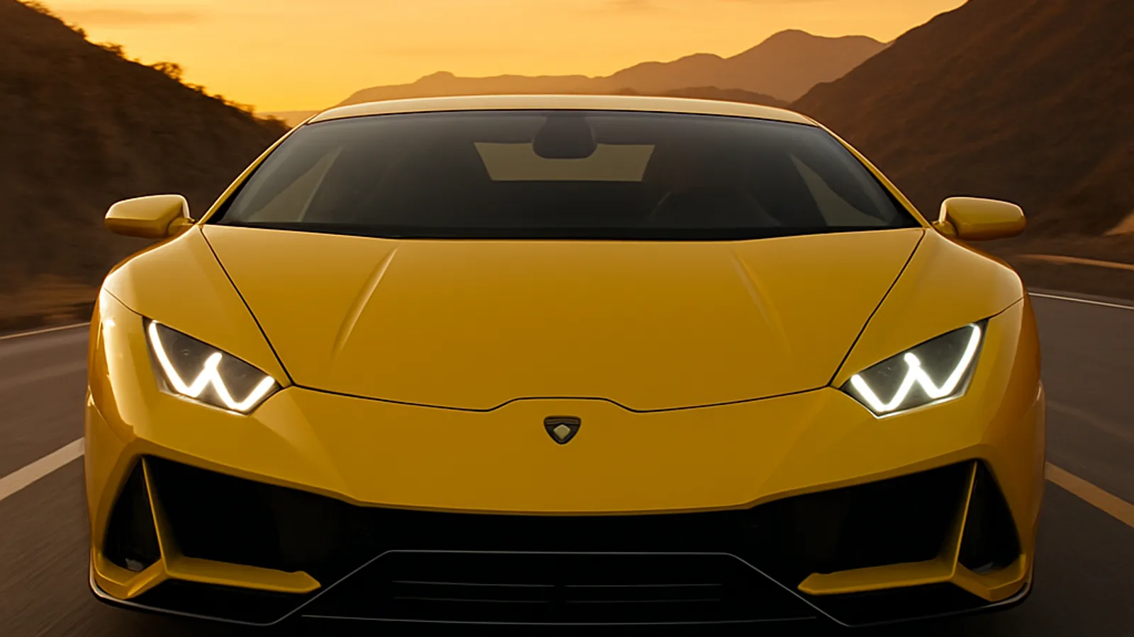 Yellow Lamborghini Huracán driving along a mountain road at golden hour