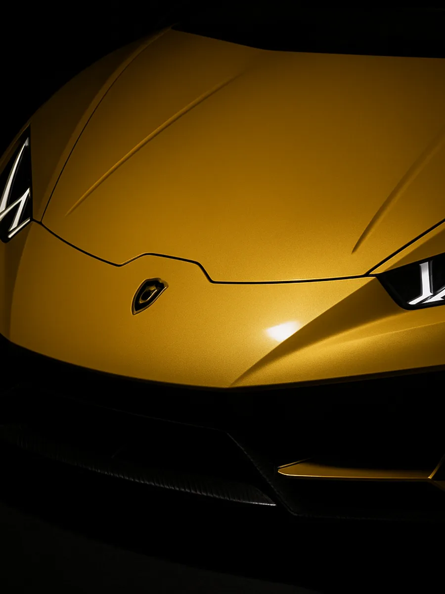 Close-up front detail of a yellow Lamborghini Huracán's hood and Y-shaped headlight under dramatic studio lighting