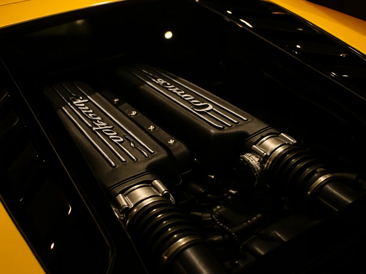The naturally-aspirated V10 engine of a yellow Lamborghini Huracán displayed under the rear glass cover