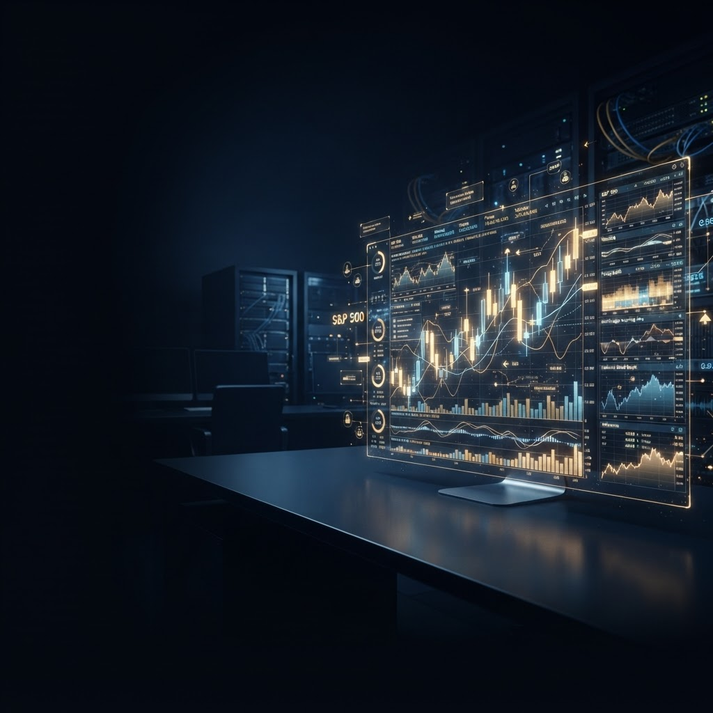 Holographic quantitative trading dashboard with gold candlestick charts on a navy background