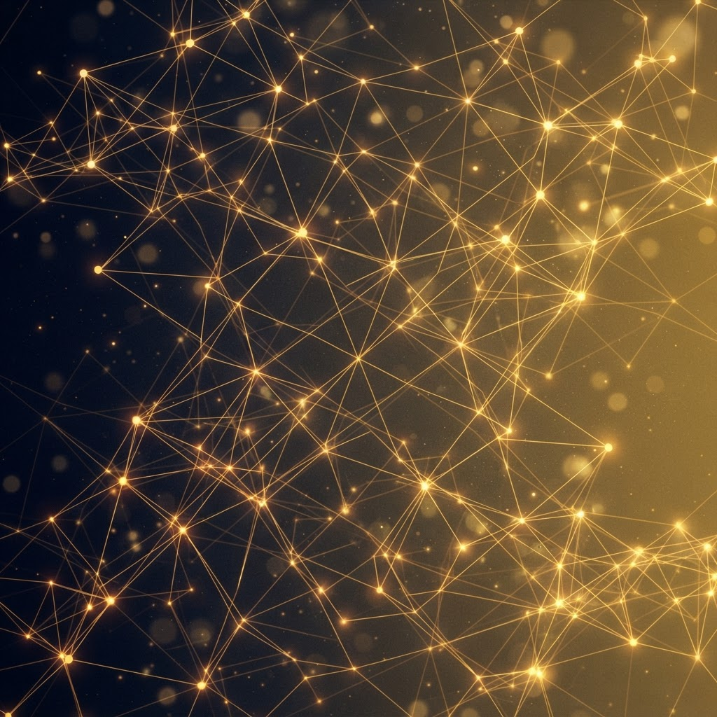 Glowing golden network of connected nodes on a navy background representing a referral reward