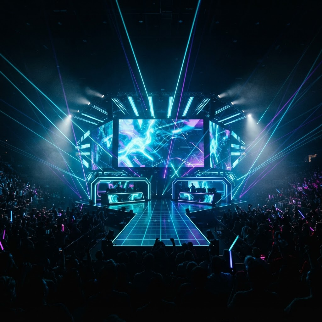 RankEdges e-sports trading tournament arena lit with electric cyan and blue stage lighting